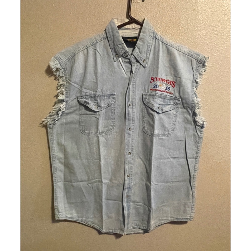 Mens Sturgis Black Hills‎ Rally 2015 Denim Vest Sleeveless Button Up Shirt Large